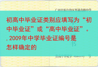初高中毕业证类别应填写为“初中毕业证”或“高中毕业证”。,2009年中学毕业证编号是怎样确定的